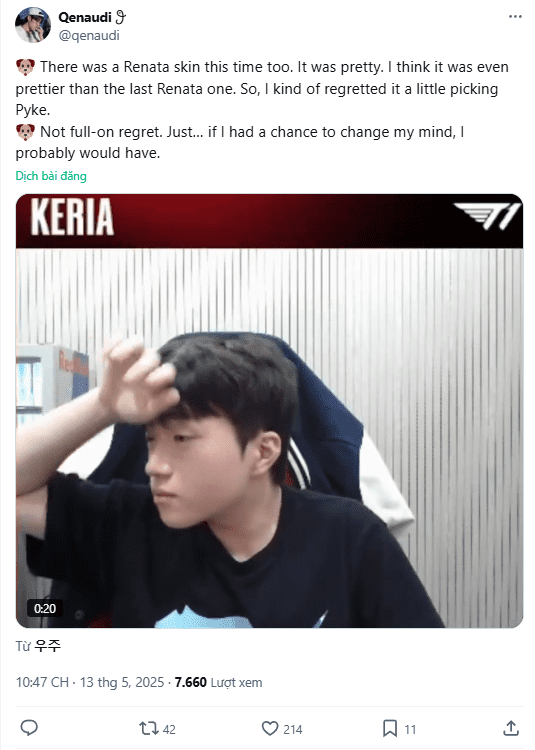Keria mentioned on stream that he feels a bit regretful for choosing Pyke.
