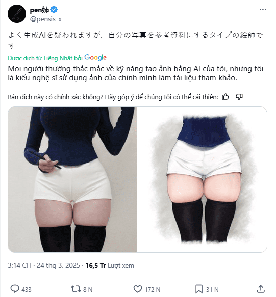 The female artist had to dress like the character to verify she didn't use AI to create her artwork