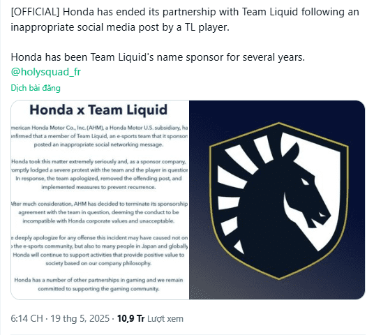 Honda immediately ended its partnership with Team Liquid.