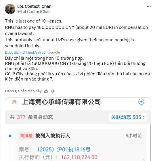 One of RNG's lawsuits is said to potentially force this team to compensate 160 million CNY.