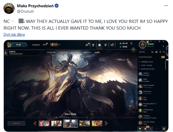 The player actually received the Silver Kayle skin from Riot.