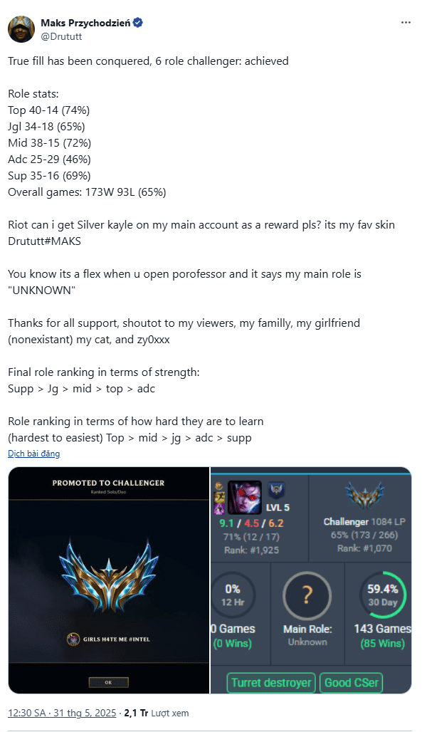 The player showcases his Challenger rank achievements across all 5 roles on the North American server.