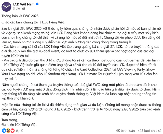 The verified LCK Vietnam page unjustly attacked and had to issue a clarification post.
