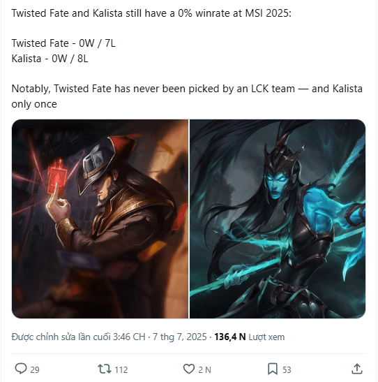 The TF - Kalista pair has a low pick rate, but a 0% win rate.
