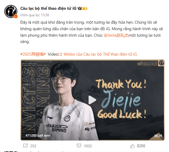 IG unexpectedly announces departure of former World Champion 2021 - Jiejie.