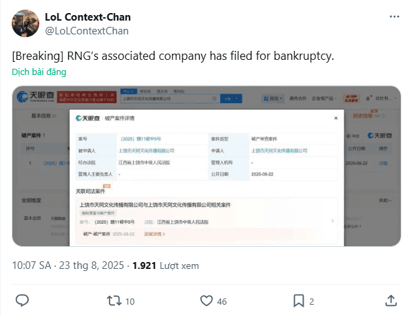 RNG has officially submitted a bankruptcy filing.