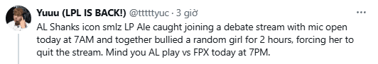 A number of LPL players including Shank, Ale... are accused of attacking a female streamer over a difference of opinion.