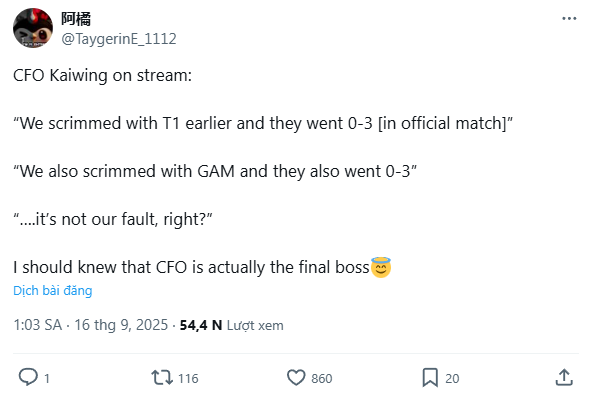 Kaiwing said CFO scrimmed with both T1 and GAM