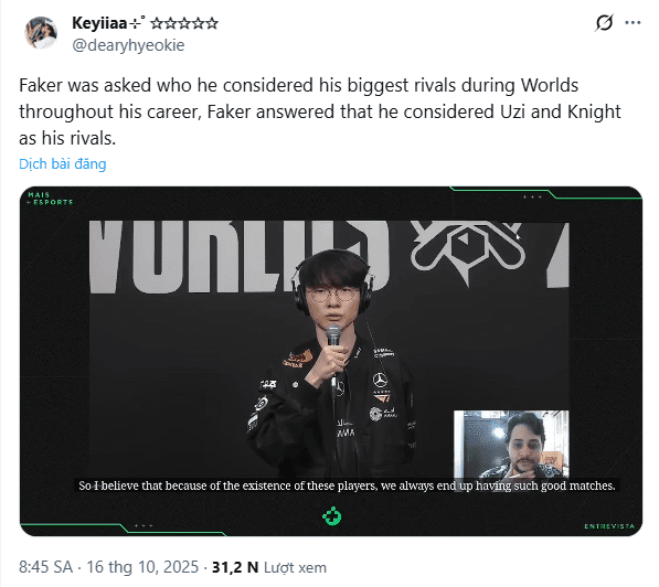 Faker believes Uzi and Knight are his true 'rivals.'