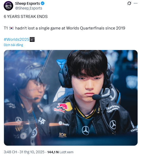 T1's unbeaten record in Quarterfinals of the World Championship established since 2019 has been shattered.