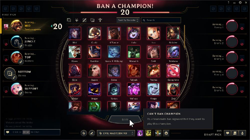 Riot prevents players from banning champions that teammates have already 'called'.