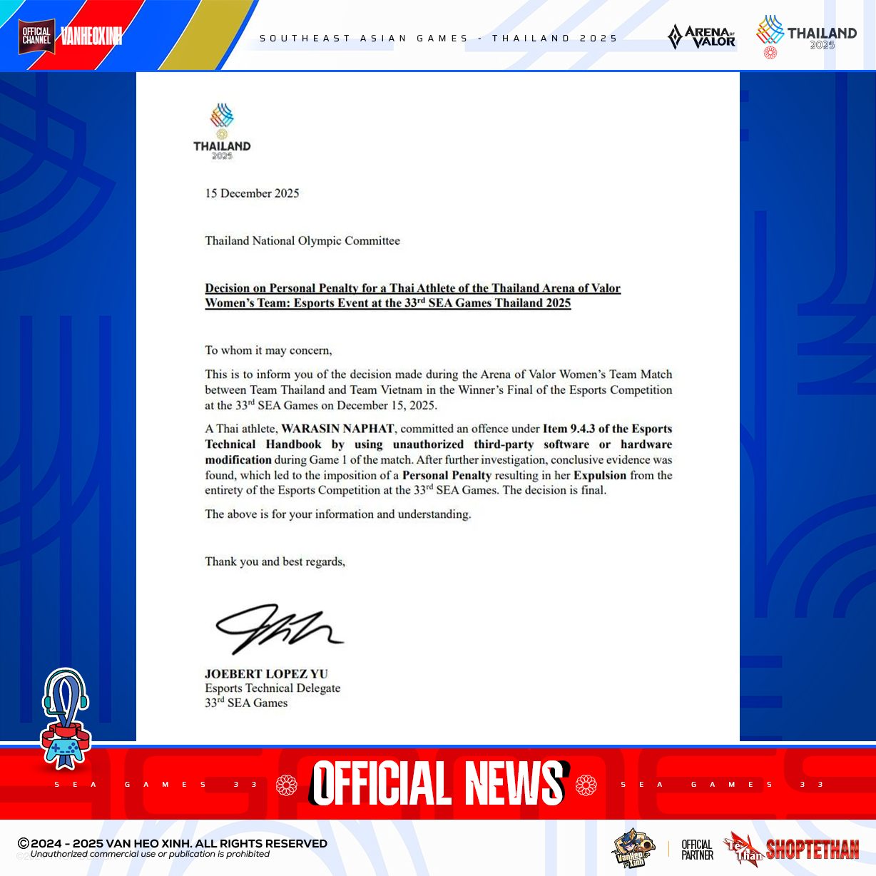 Announcement of penalty for Warasin Naraphat due to cheating.