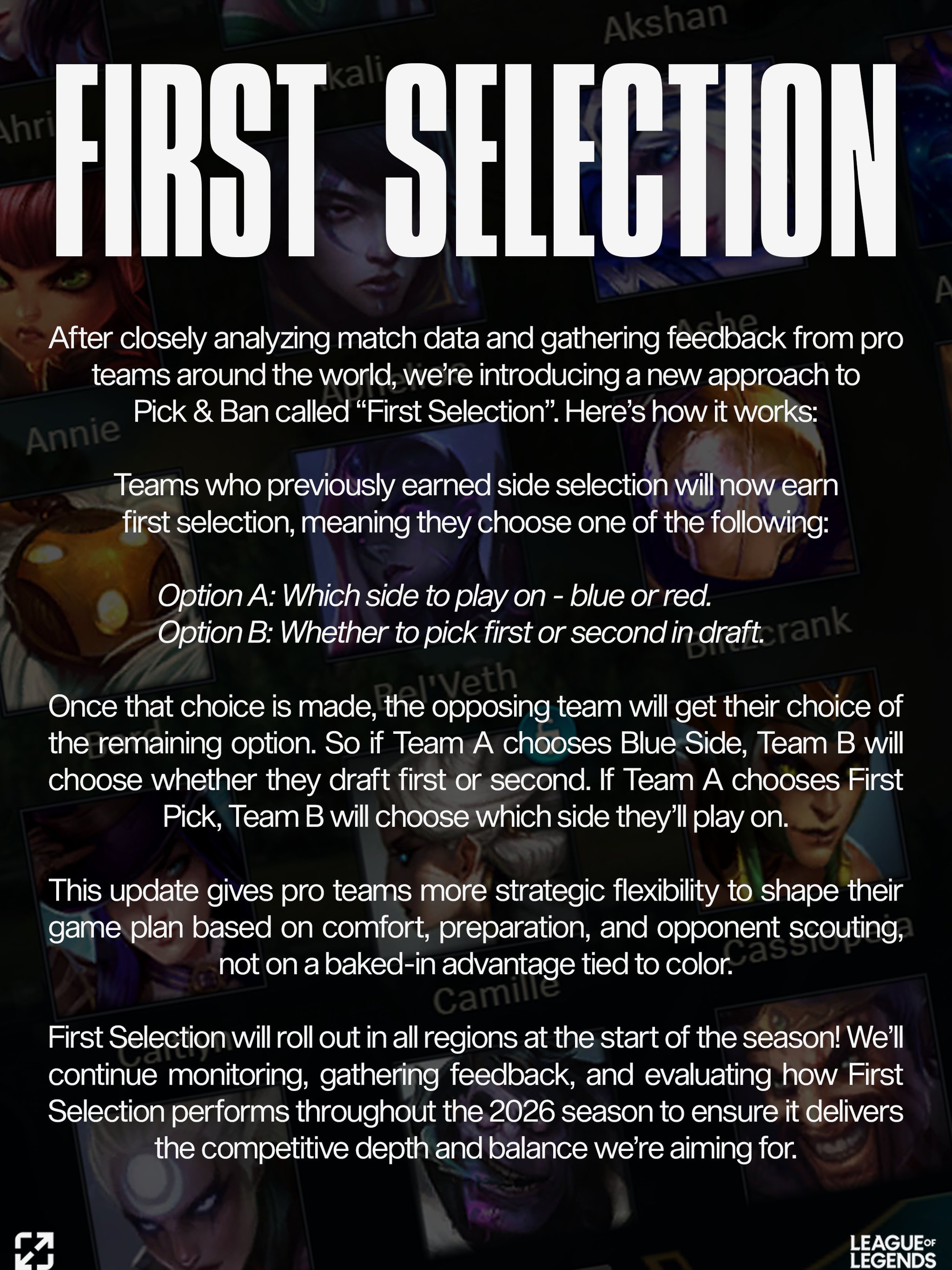 Riot's announcement regarding the new mechanism for professional LoL starting in the 2026 season.
