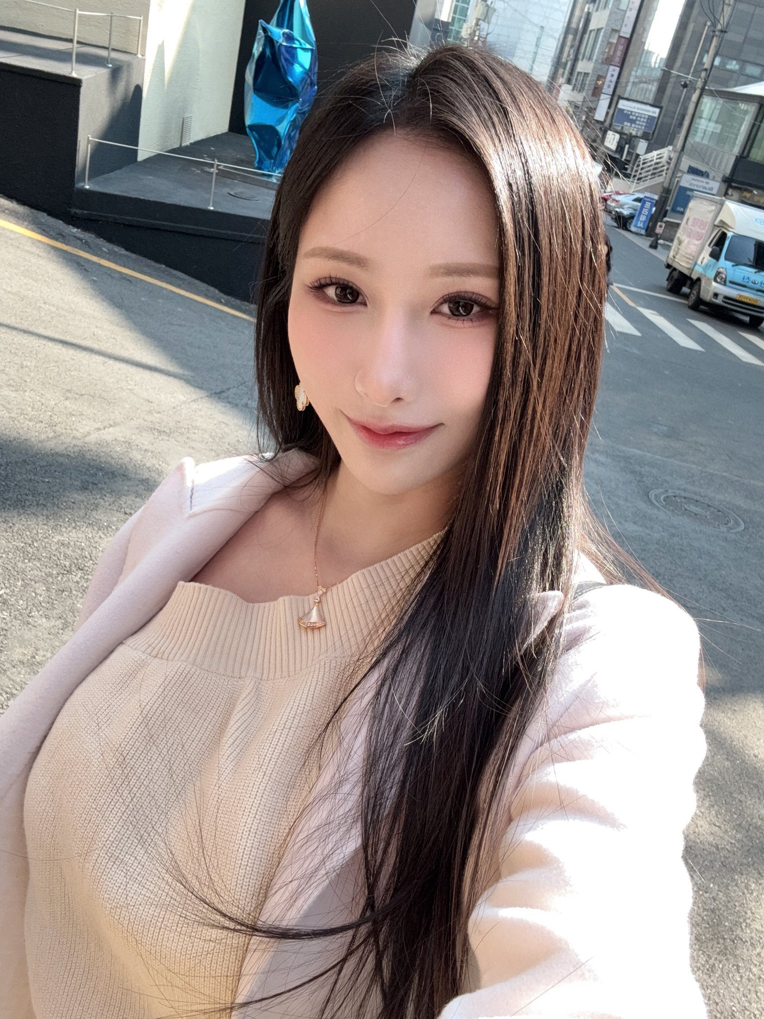 One of the rare modest photos of the beauty