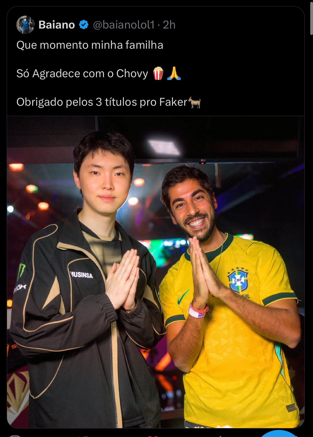 Baiano's controversial post mentioning Chovy and Faker.