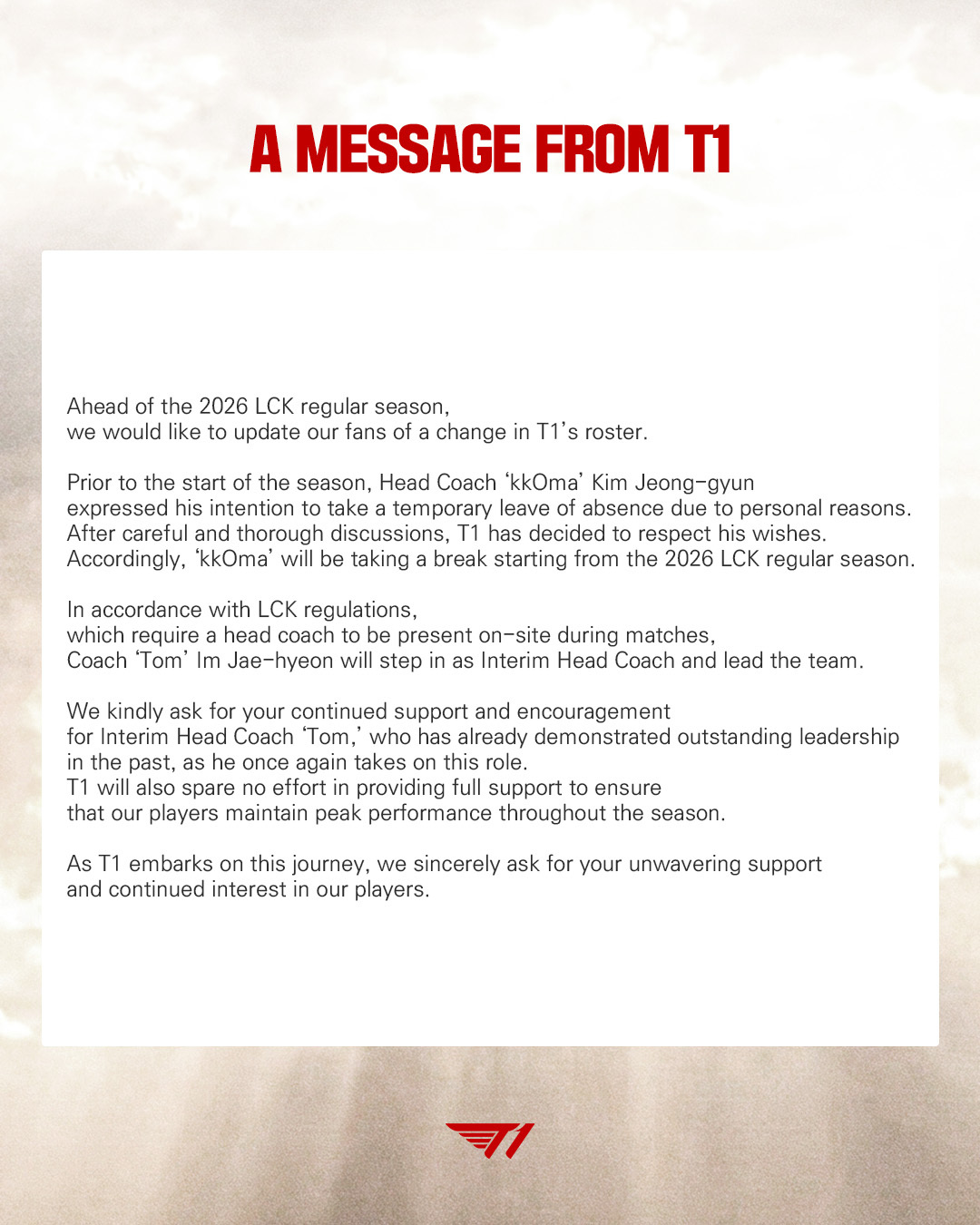 T1 announces farewell to Coach KkOma.