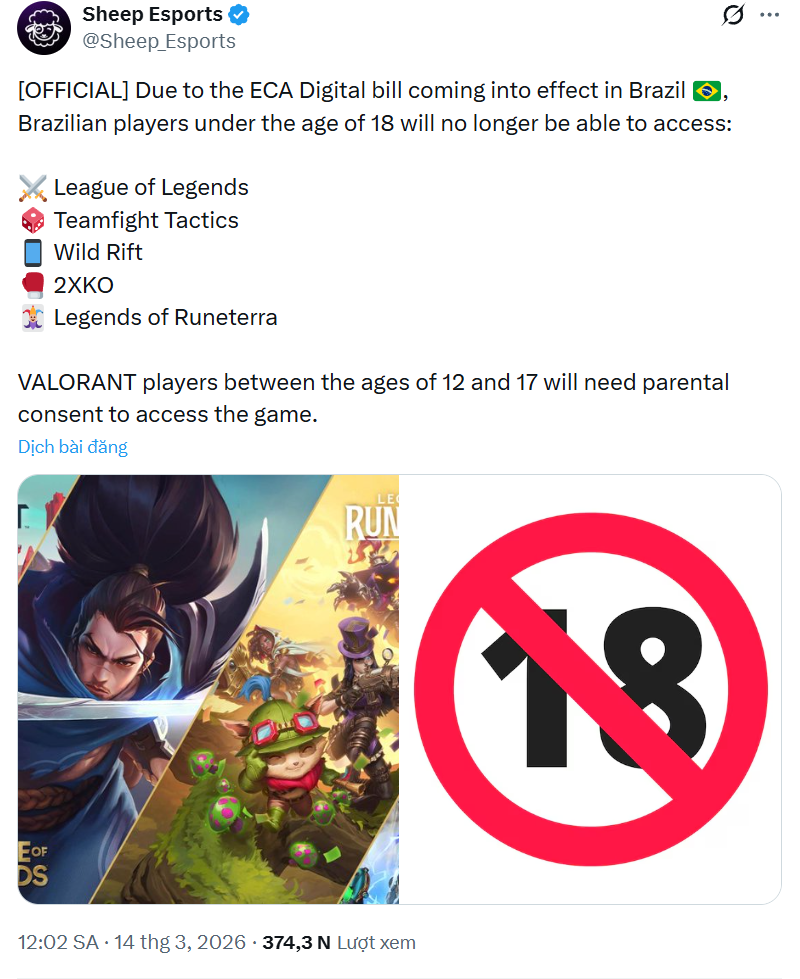 Players under 18 will not be able to play a series of games from Riot.
