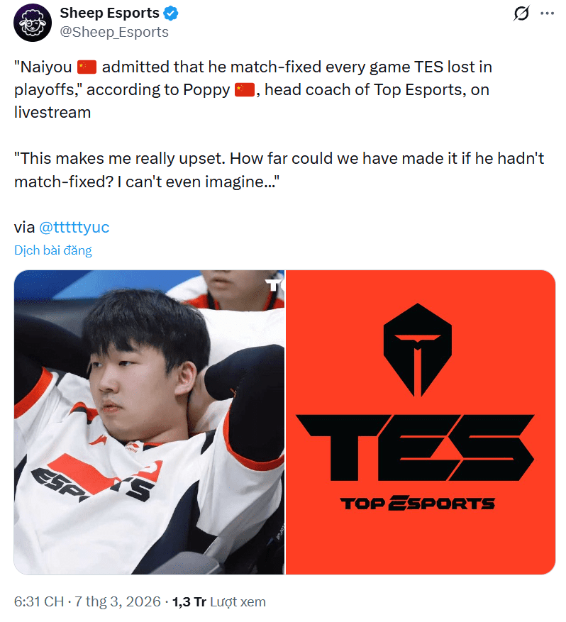 According to reports, the head coach of TES confirmed that Naiyou indeed engaged in 'match-fixing'.