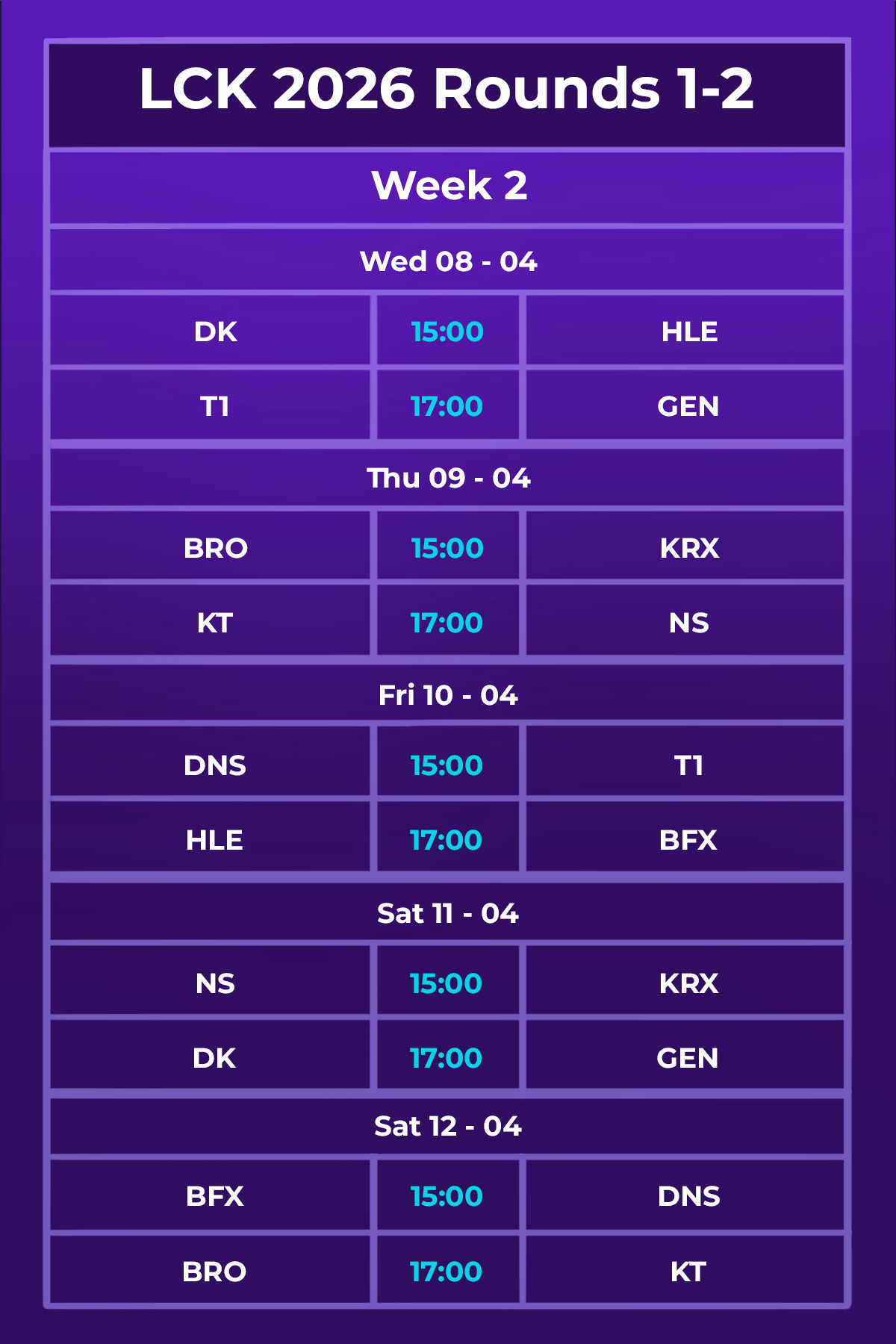 Latest LCK 2026 Rounds 1-2 schedule.