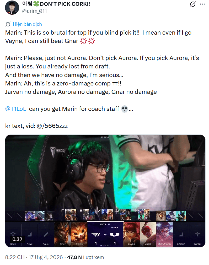 MaRin commented that T1's composition lacked damage right from the draft phase.