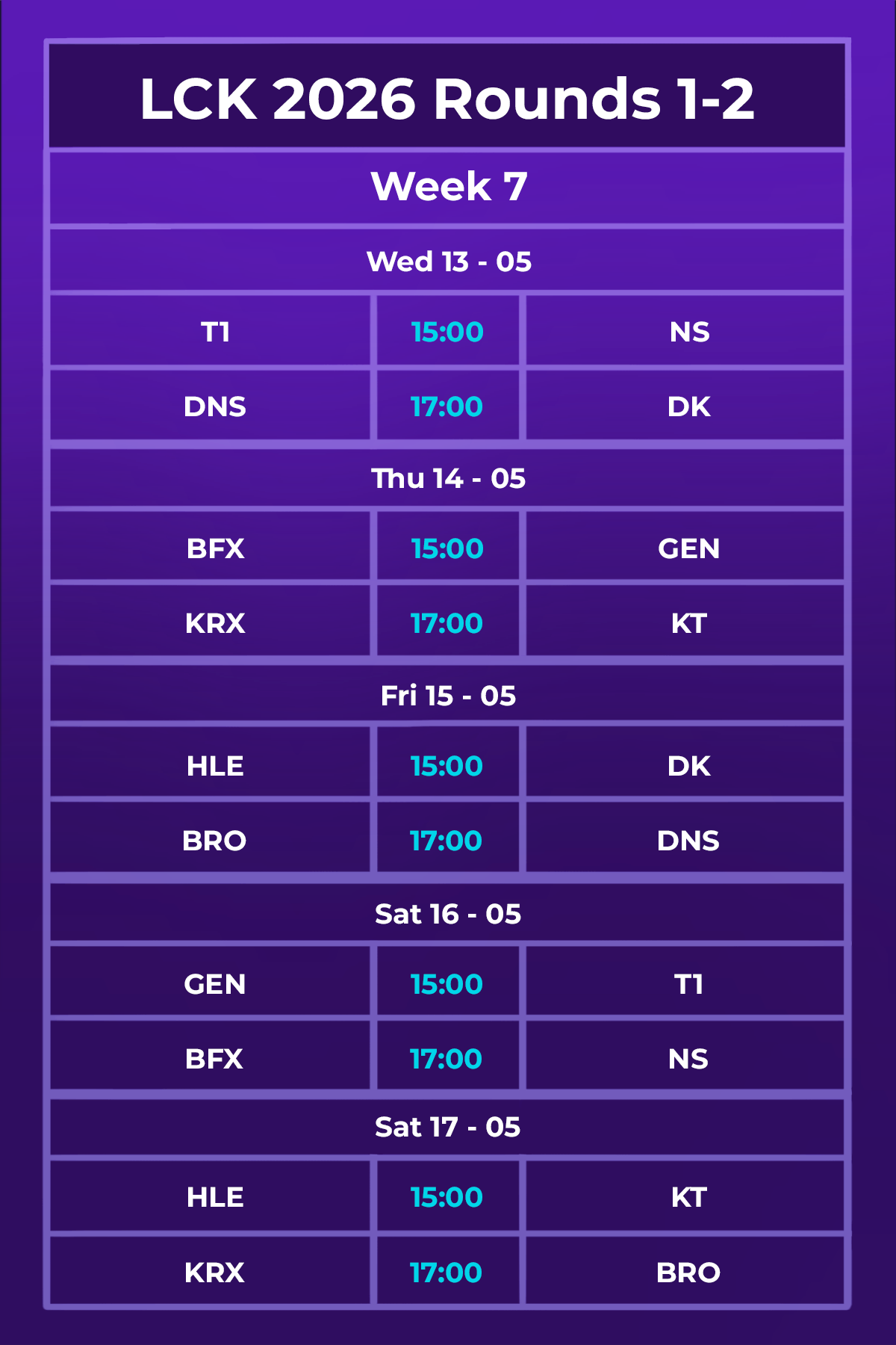 Latest LCK 2026 Rounds 1-2 schedule.
